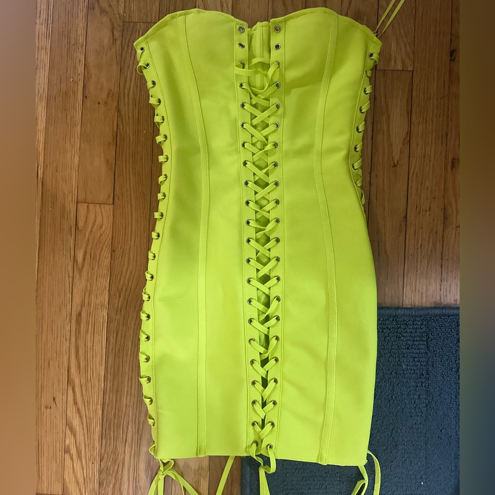 Fashion Nova Neon yellow Strapless bondage dress with ties up both sides
